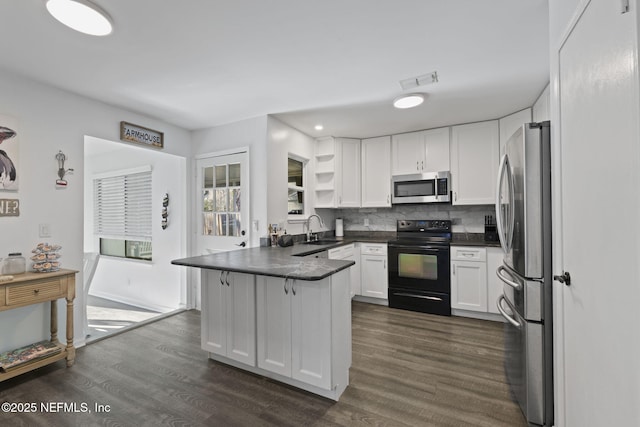 kitchen with appliances with stainless steel finishes, dark wood-type flooring, sink, white cabinetry, and kitchen peninsula