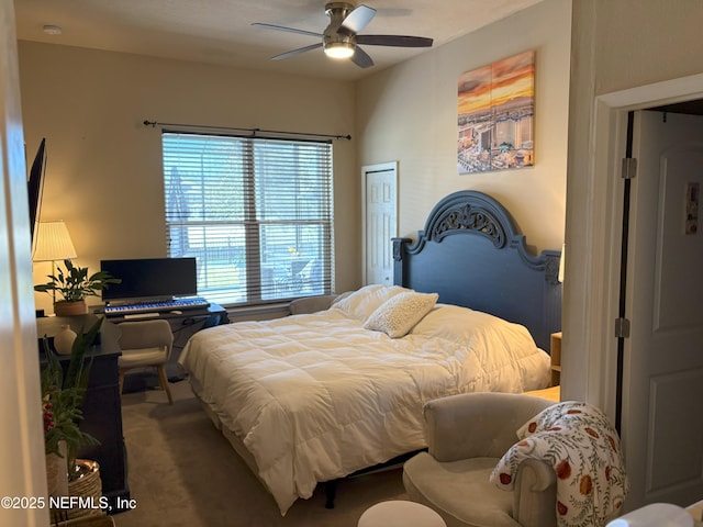 bedroom with carpet floors, a closet, and ceiling fan