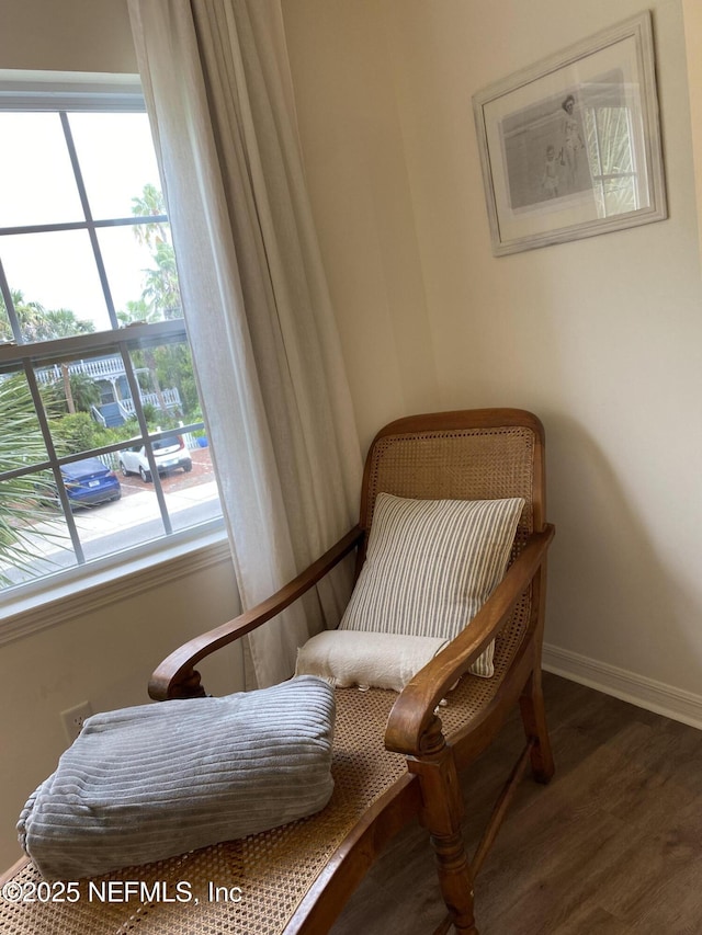 living area featuring wood finished floors and baseboards