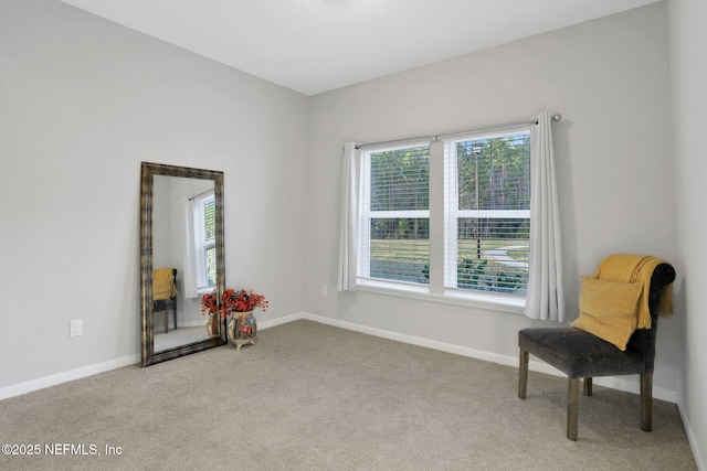 sitting room featuring carpet flooring and baseboards