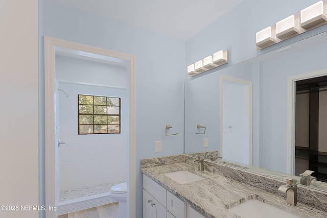 bathroom with a sink, toilet, double vanity, and a tile shower