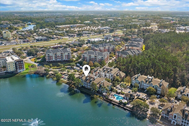 aerial view featuring a water view