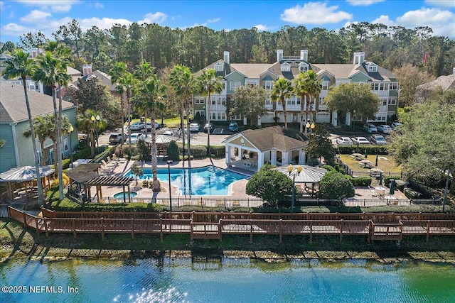 exterior space with a water view