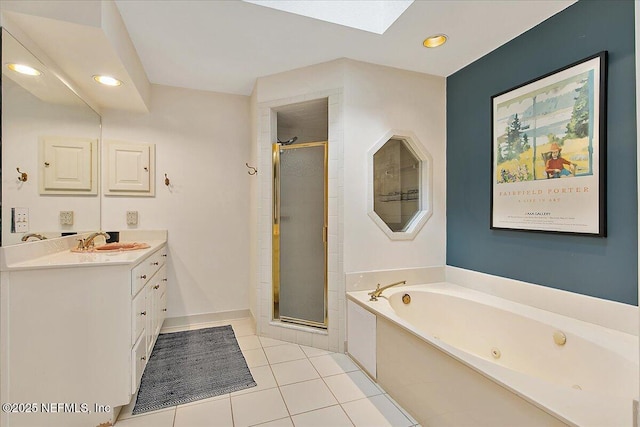 full bath featuring a stall shower, vanity, tile patterned floors, a jetted tub, and recessed lighting