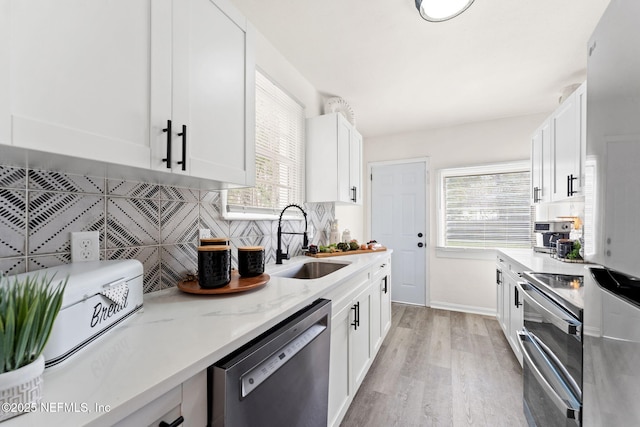 kitchen with a sink, white cabinetry, electric stove, stainless steel dishwasher, and decorative backsplash