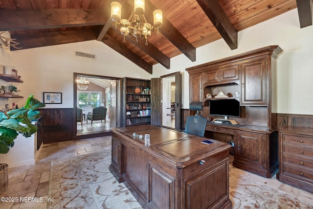 office area featuring a chandelier, wooden walls, wooden ceiling, and lofted ceiling with beams