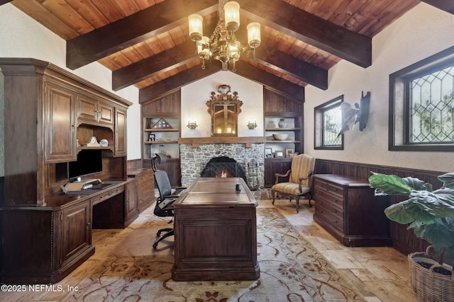 office space featuring built in features, wood ceiling, and lofted ceiling with beams