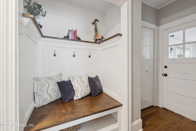 mudroom featuring crown molding and dark hardwood / wood-style floors