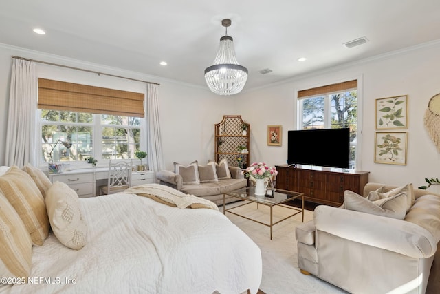 bedroom featuring ornamental molding and a chandelier