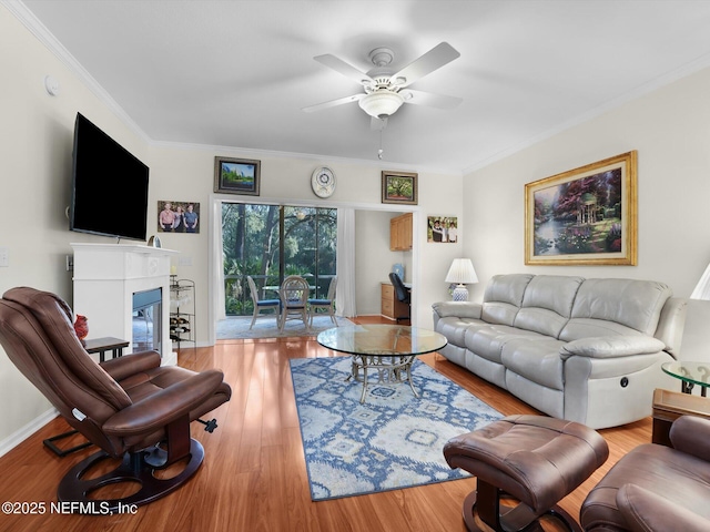 4306 Serena Cir, Saint Augustine, FL 32084 - living area with wood finished floors, ceiling fan, ornamental molding, and a glass covered fireplace