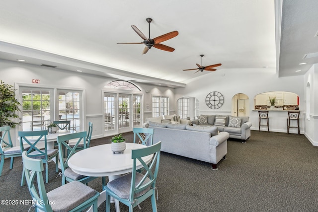 4306 Serena Cir, Saint Augustine, FL 32084 - carpeted living room featuring visible vents, a ceiling fan, and lofted ceiling