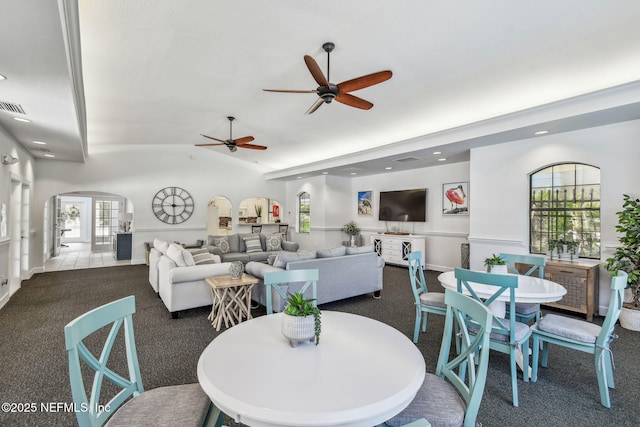 4306 Serena Cir, Saint Augustine, FL 32084 - carpeted dining area featuring recessed lighting, arched walkways, ceiling fan, and lofted ceiling