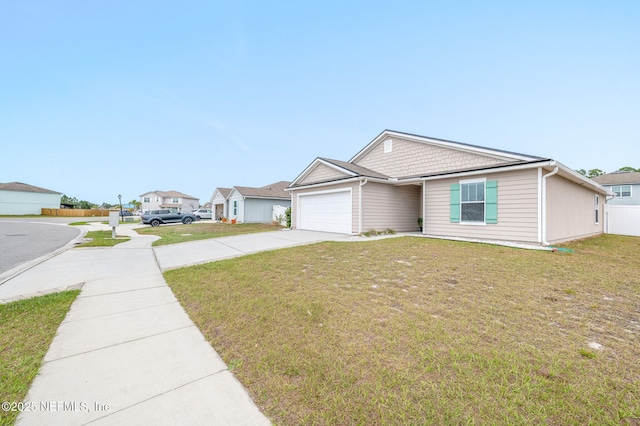 ranch-style home with a garage and a front yard