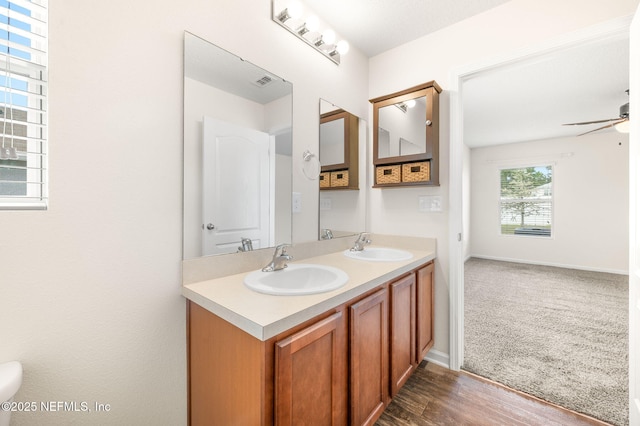 bathroom with wood-type flooring, ceiling fan, and vanity