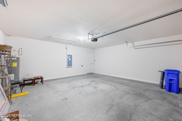 garage with a garage door opener, water heater, and electric panel