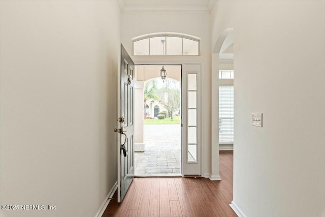 entryway featuring dark hardwood / wood-style flooring and crown molding