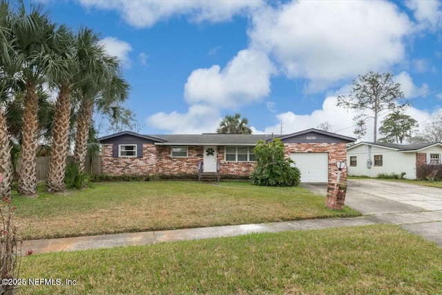 ranch-style home with a garage and a front yard