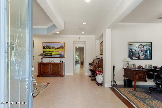 foyer entrance featuring ornamental molding, recessed lighting, light tile patterned flooring, and baseboards