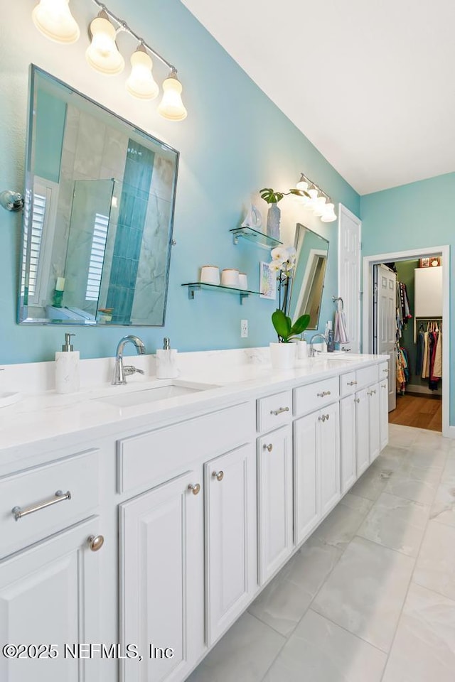 bathroom with double vanity, a shower stall, a walk in closet, and a sink