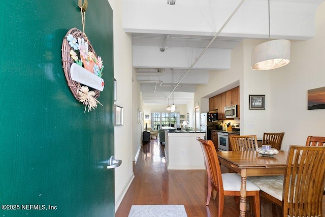 dining room featuring hardwood / wood-style floors and a high ceiling