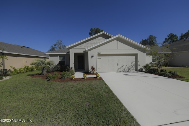 ranch-style home featuring a front yard and a garage