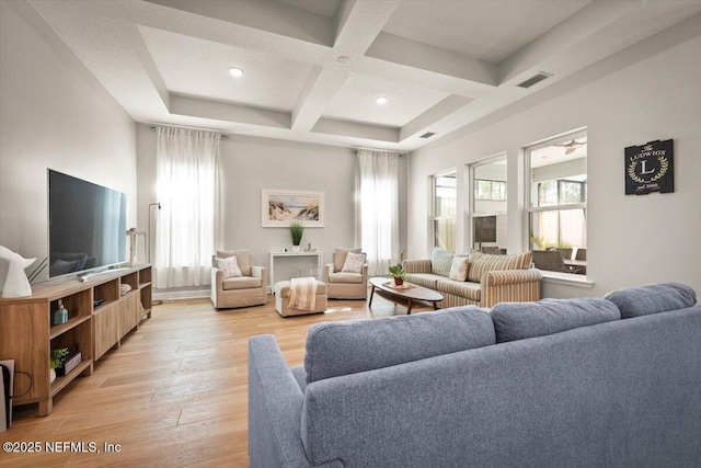 living area with light wood finished floors, visible vents, coffered ceiling, and beamed ceiling