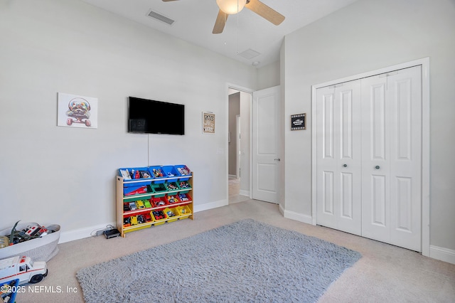 95384 Bermuda Dr, Fernandina Beach, FL 32034 - recreation room with baseboards, a ceiling fan, visible vents, and carpet