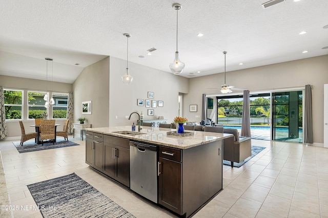 95384 Bermuda Dr, Fernandina Beach, FL 32034 - kitchen with a sink, dark brown cabinets, recessed lighting, a ceiling fan, and dishwasher
