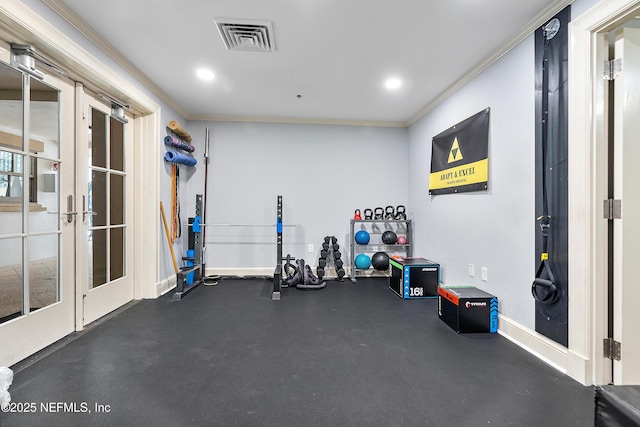 95384 Bermuda Dr, Fernandina Beach, FL 32034 - workout area with visible vents, crown molding, baseboards, and french doors
