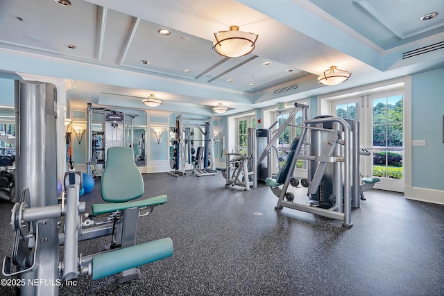95384 Bermuda Dr, Fernandina Beach, FL 32034 - workout area featuring french doors, baseboards, visible vents, ornamental molding, and a raised ceiling