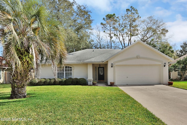 single story home featuring an attached garage, stucco siding, concrete driveway, and a front yard