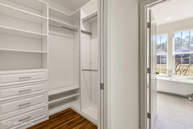 walk in closet with wood finished floors