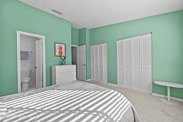 carpeted bedroom with visible vents, two closets, ensuite bath, baseboards, and vaulted ceiling