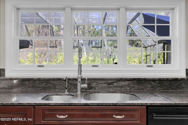 kitchen featuring black dishwasher, dark brown cabinets, dark countertops, and a sink