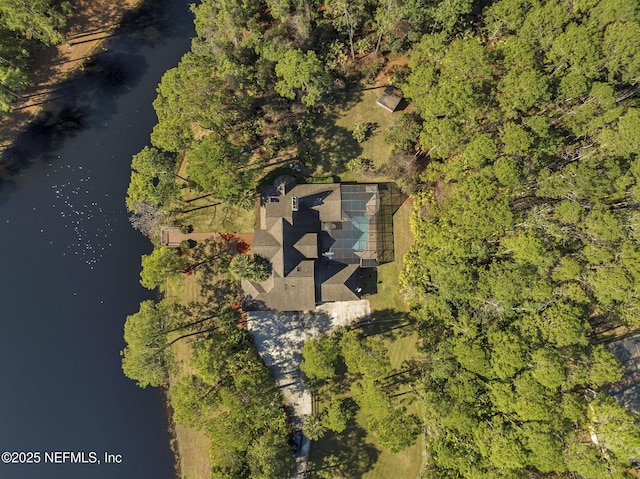 bird's eye view with a water view