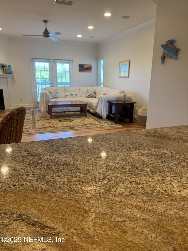 622 Ponte Vedra Blvd Unit D4, Ponte Vedra Beach, FL 32082 - living area featuring crown molding, wood finished floors, ceiling fan, and recessed lighting