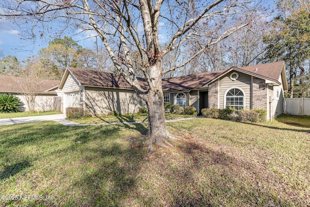 single story home featuring a garage, a shingled roof, a front yard, and fence