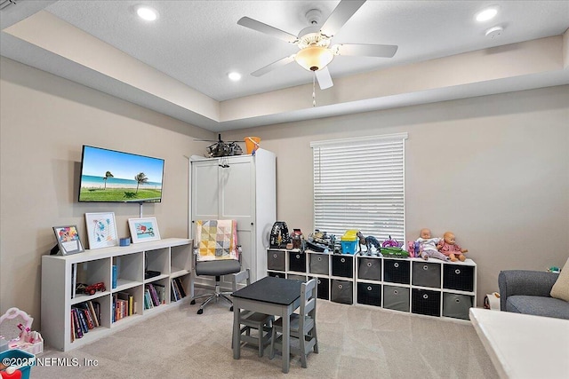 rec room featuring ceiling fan, carpet flooring, and recessed lighting