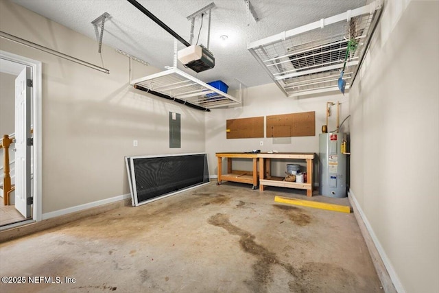 garage with a garage door opener and electric water heater