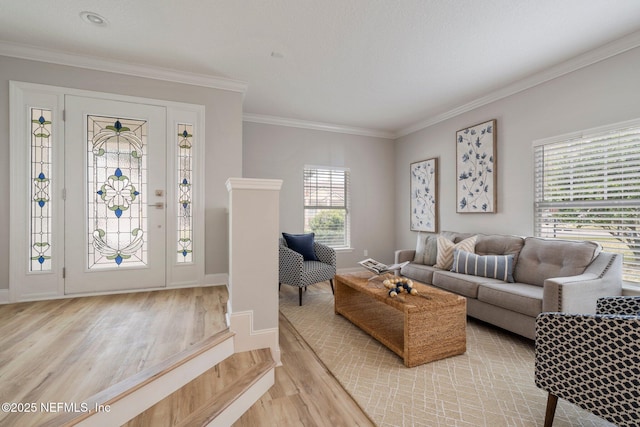 living area featuring ornamental molding, wood finished floors, and baseboards