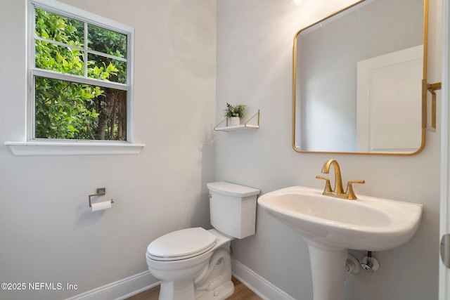 bathroom with plenty of natural light, wood finished floors, toilet, and baseboards