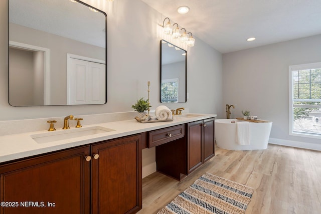 full bathroom featuring wood finished floors, a sink, a freestanding bath, and double vanity