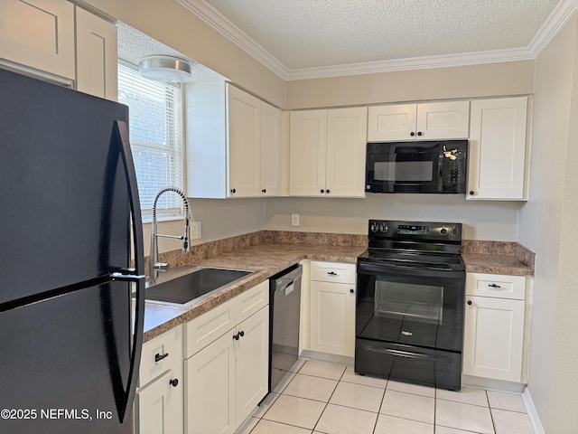 kitchen with white cabinets, crown molding, a textured ceiling, black appliances, and a sink