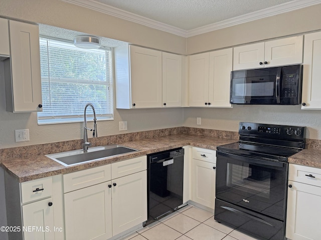 kitchen with crown molding, white cabinets, a sink, a textured ceiling, and black appliances