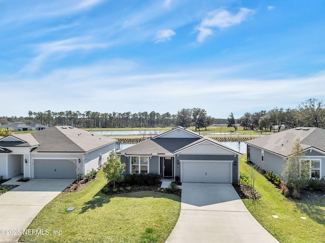 ranch-style home with concrete driveway, a front lawn, and an attached garage