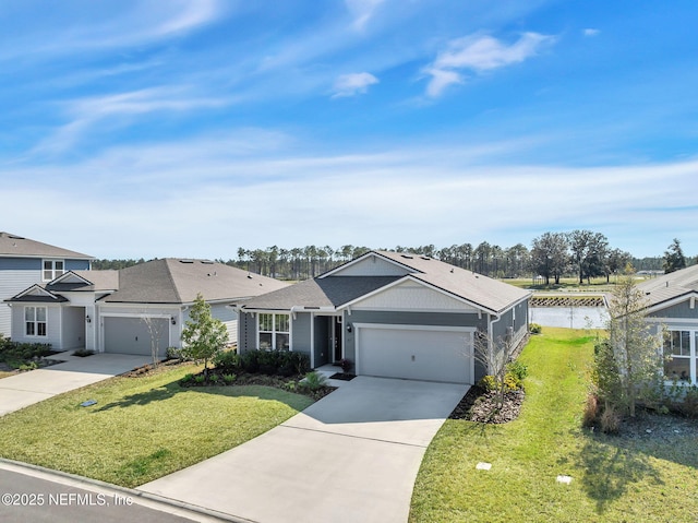 view of front of property with driveway, a garage, and a front lawn