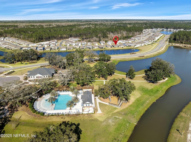 aerial view featuring a water view