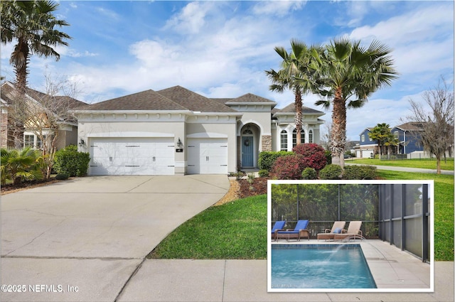 mediterranean / spanish-style house with an attached garage, a shingled roof, concrete driveway, and stucco siding