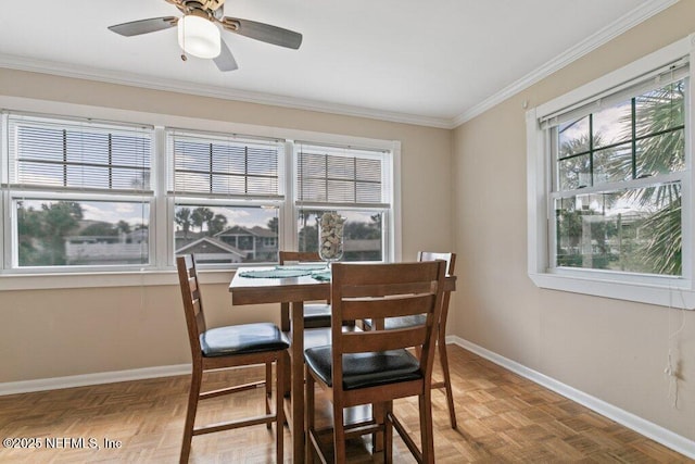 dining room featuring ceiling fan, baseboards, and crown molding