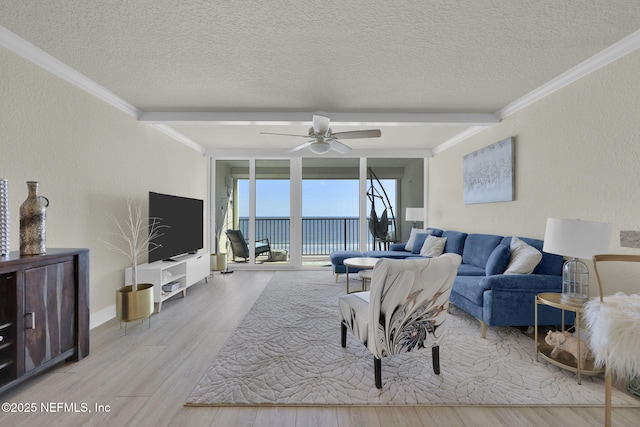 living room featuring a textured ceiling, crown molding, ceiling fan, and wood finished floors